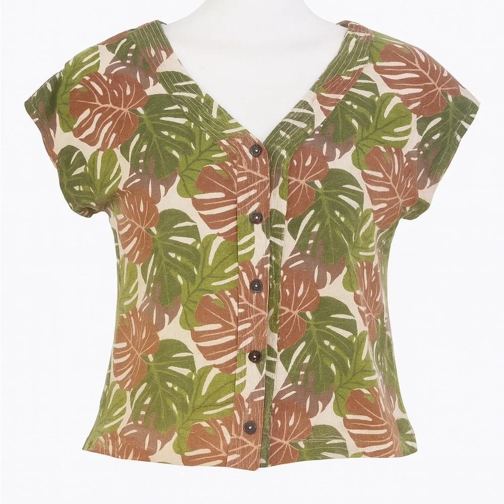 Tahari 100% Linen Tropical Monstera Button-Front Top – Women’s Medium - Picture 1 of 7